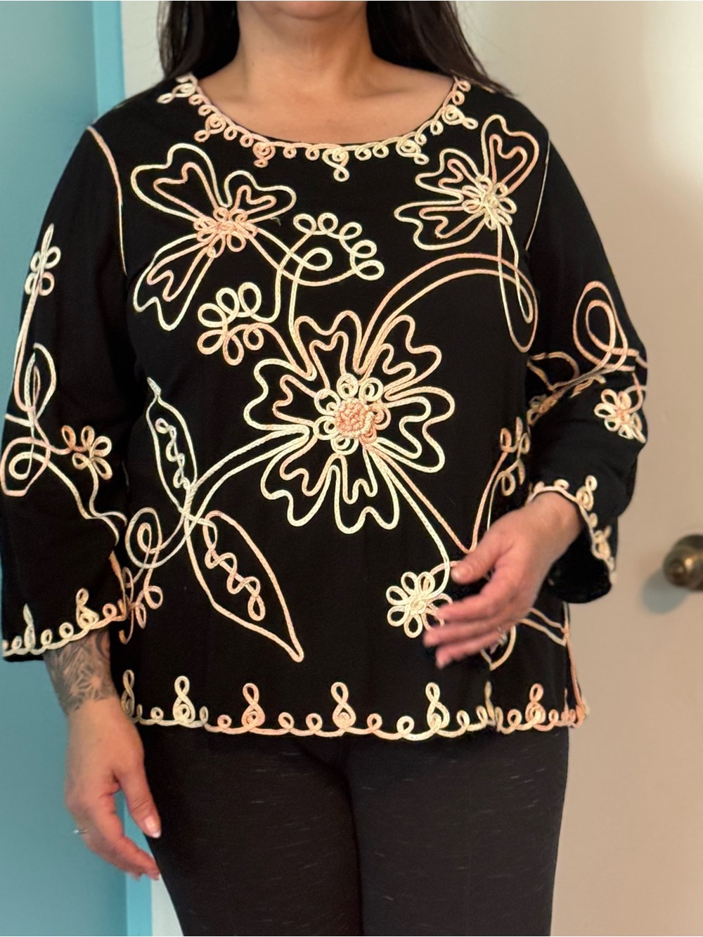 Top Blouse Investments II Black Tunic with Pale Pink Floral Embroidery